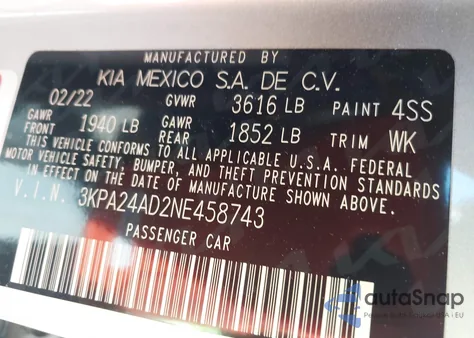 2022 Kia Rio Lx z USA, uszkodzony, nr VIN 3KPA24AD2NE458743